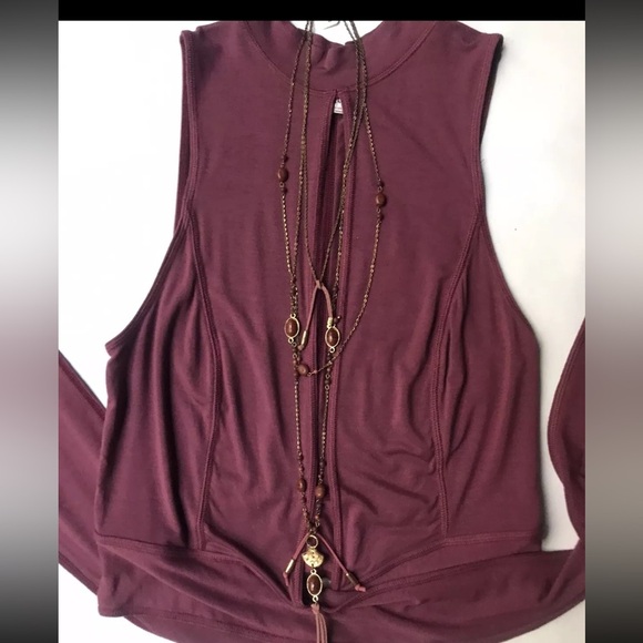Free People Intimately Mock Neck Split Front Tie Cami - Wine/Bordeaux Size Large - Picture 3 of 16